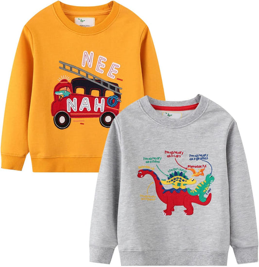 2 Pack Toddler Boys Sweatshirts Patterned Long Sleeve Pullover Crewneck Tops Shirts